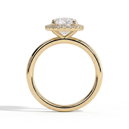 Oval lab-grown diamond halo engagement ring in 18K (750) yellow gold, side profile 