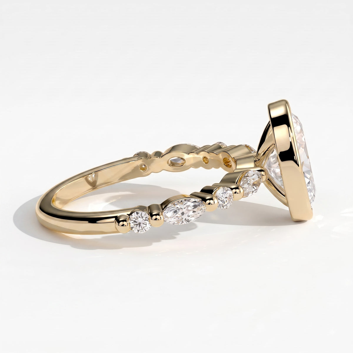 Oval lab-grown diamond bezel-set halo engagement ring in 18K (750) yellow gold, detail view 