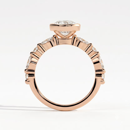 Oval lab-grown diamond bezel-set halo engagement ring in 18K (750) rose gold, side profile 