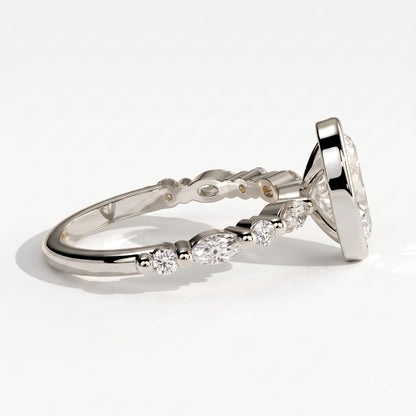 Oval lab-grown diamond bezel-set halo engagement ring in 18K (750) white gold, detail view 