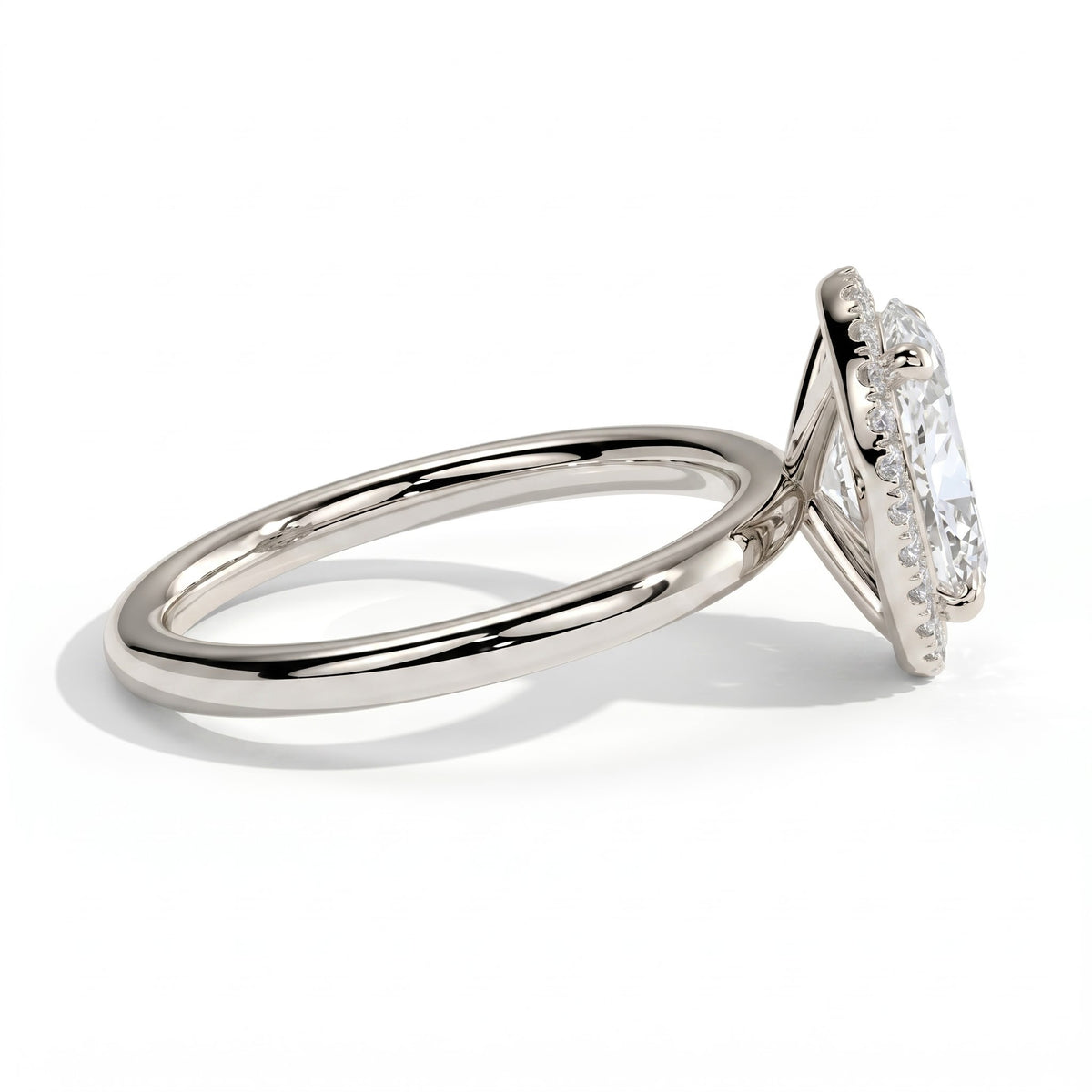 Oval lab-grown diamond halo engagement ring in 950 platinum, detail view 
