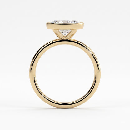 Oval lab-grown diamond bezel-set east-west solitaire engagement ring in 18K (750) yellow gold, side profile 