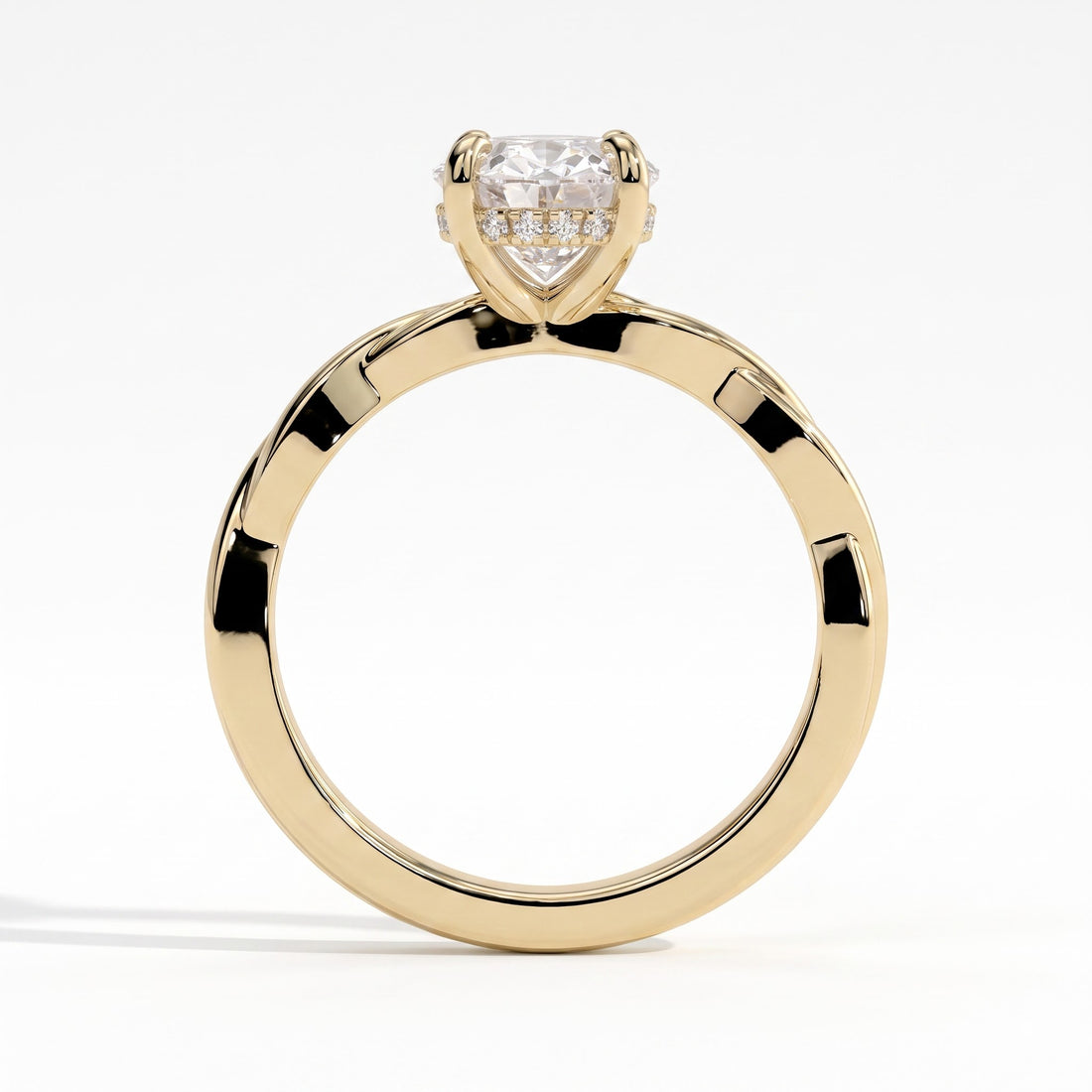 Oval lab-grown diamond solitaire engagement ring in 14K (585) yellow gold, side profile 