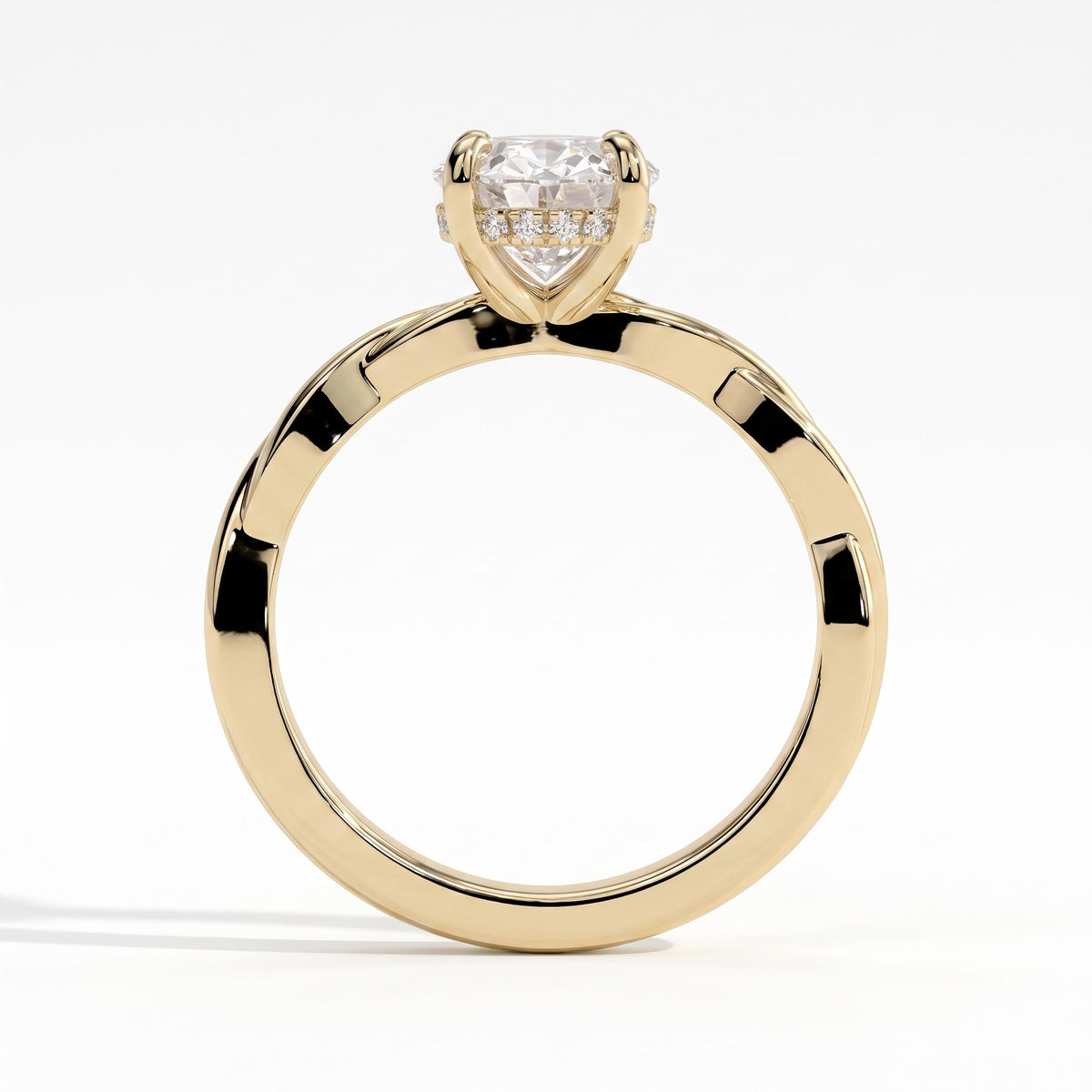 Oval lab-grown diamond solitaire engagement ring in 14K (585) yellow gold, side profile 