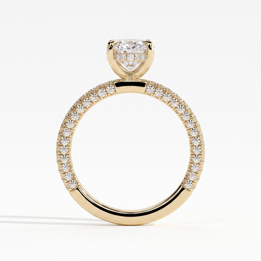 Oval lab-grown diamond halo engagement ring in 14K (585) yellow gold, side profile 