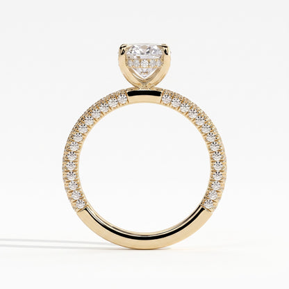 Oval lab-grown diamond halo engagement ring in 14K (585) yellow gold, side profile 