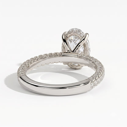Oval lab-grown diamond halo engagement ring in 14K (585) white gold, on white background 