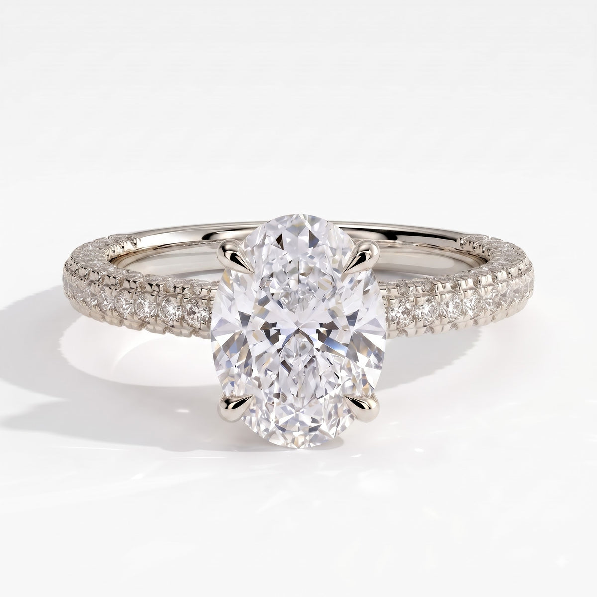Oval lab-grown diamond halo engagement ring in 14K (585) white gold, front view 