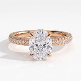 Oval lab-grown diamond halo engagement ring in 14K (585) rose gold, front view 