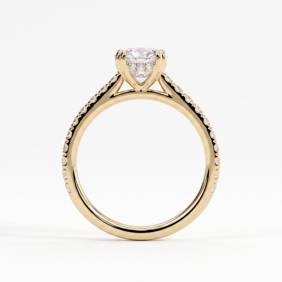 Oval lab-grown diamond halo engagement ring in 14K (585) yellow gold, side profile 