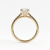 Oval lab-grown diamond halo engagement ring in 14K (585) yellow gold, side profile 