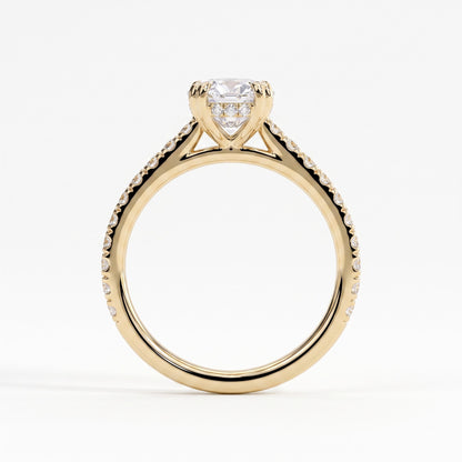 Oval lab-grown diamond halo engagement ring in 14K (585) yellow gold, side profile 