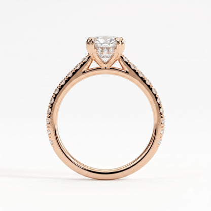 Oval lab-grown diamond halo engagement ring in 14K (585) rose gold, side profile 