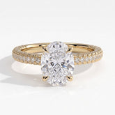 Oval lab-grown diamond halo engagement ring in 18K (750) yellow gold, front view 