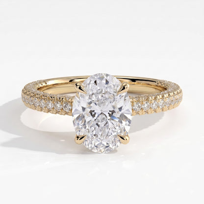 Oval lab-grown diamond halo engagement ring in 18K (750) yellow gold, front view 
