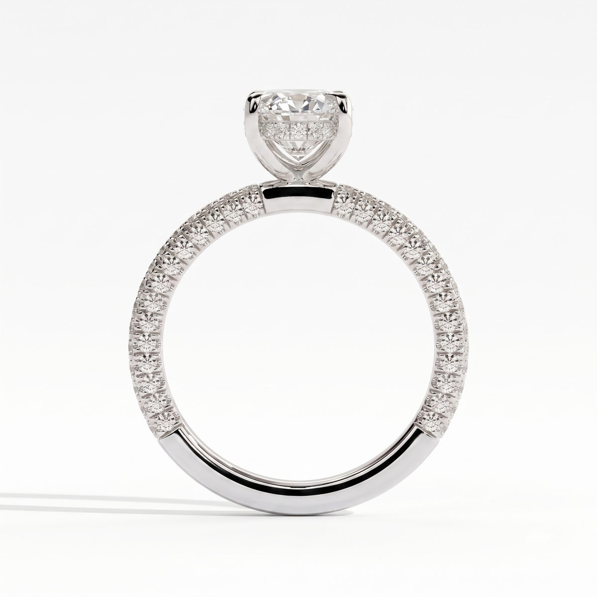 Oval lab-grown diamond halo engagement ring in 18K (750) white gold, side profile 
