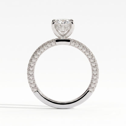 Oval lab-grown diamond halo engagement ring in 18K (750) white gold, side profile 