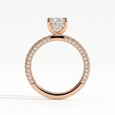Oval lab-grown diamond halo engagement ring in 18K (750) rose gold, side profile 