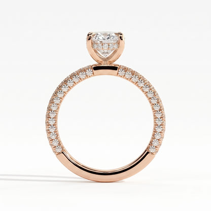 Oval lab-grown diamond halo engagement ring in 18K (750) rose gold, side profile 
