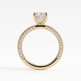 Oval lab-grown diamond halo engagement ring in 18K (750) yellow gold, side profile 