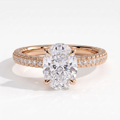 Oval lab-grown diamond halo engagement ring in 18K (750) rose gold, front view 