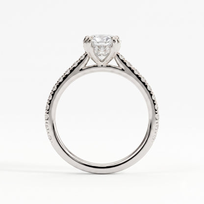 Oval lab-grown diamond halo engagement ring in 18K (750) white gold, side profile 