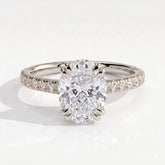 Oval lab-grown diamond halo engagement ring in 18K (750) white gold, front view 