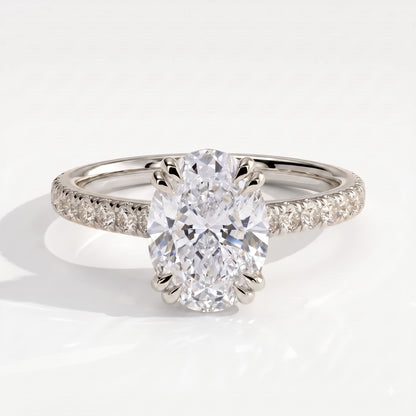 Oval lab-grown diamond halo engagement ring in 18K (750) white gold, front view 