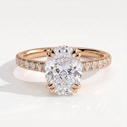 Oval lab-grown diamond halo engagement ring in 18K (750) rose gold, front view 