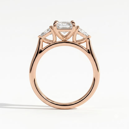 Emerald lab-grown diamond three-stone engagement ring in 14K (585) rose gold, side profile 