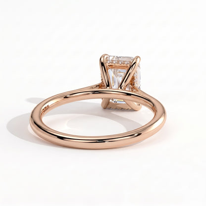 Radiant lab-grown diamond halo engagement ring in 14K (585) rose gold, on white background 