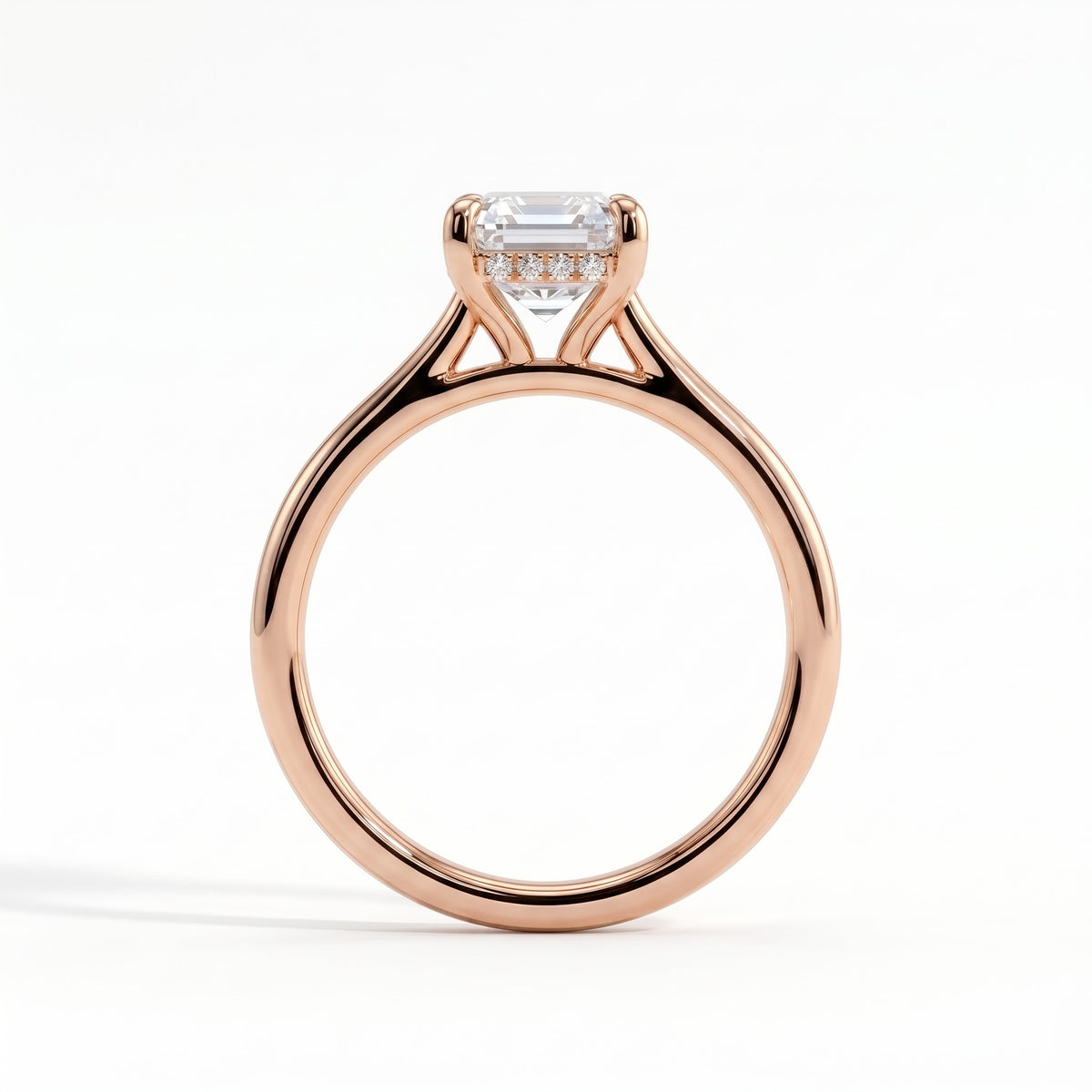 Radiant lab-grown diamond halo engagement ring in 14K (585) rose gold, side profile 