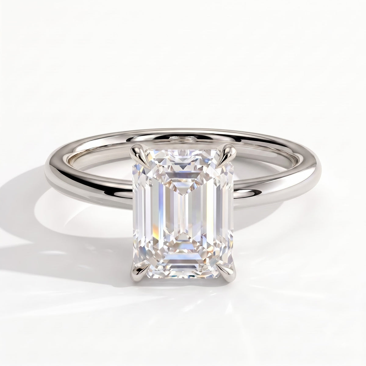 Radiant lab-grown diamond halo engagement ring in 14K (585) white gold, front view 