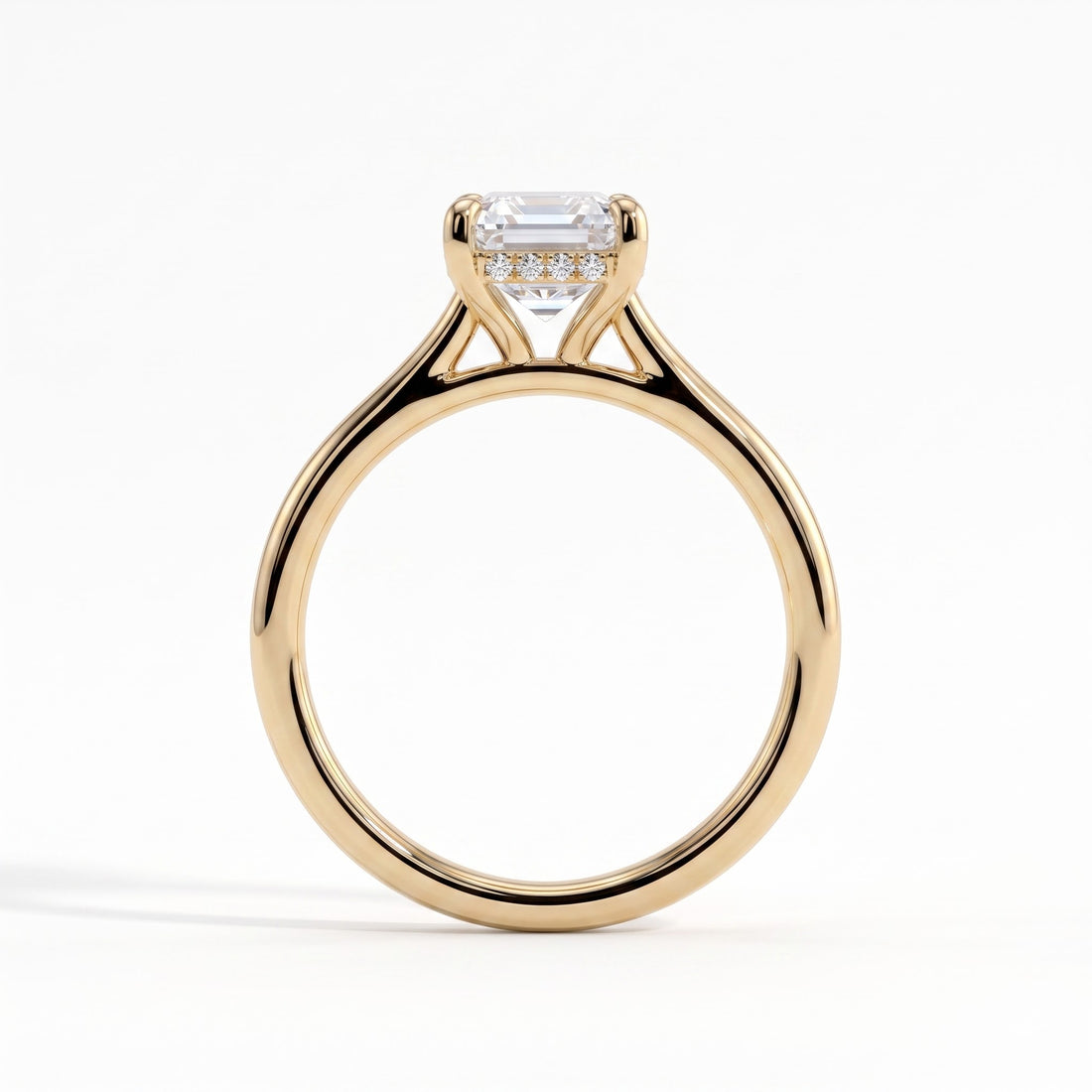 Radiant lab-grown diamond halo engagement ring in 14K (585) yellow gold, side profile 