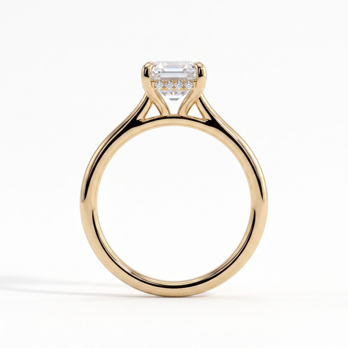 Radiant lab-grown diamond halo engagement ring in 14K (585) yellow gold, side profile 