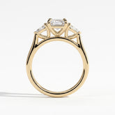 Emerald lab-grown diamond three-stone engagement ring in 18K (750) yellow gold, side profile 