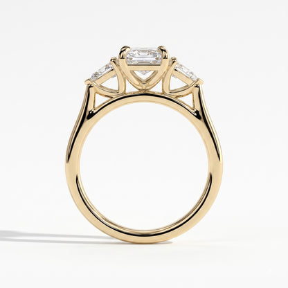 Emerald lab-grown diamond three-stone engagement ring in 18K (750) yellow gold, side profile 