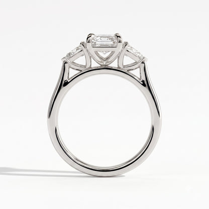 Emerald lab-grown diamond three-stone engagement ring in 18K (750) white gold, side profile 