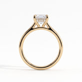 Radiant lab-grown diamond halo engagement ring in 18K (750) yellow gold, side profile 