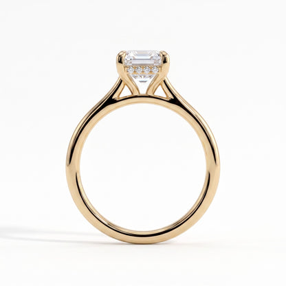 Radiant lab-grown diamond halo engagement ring in 18K (750) yellow gold, side profile 