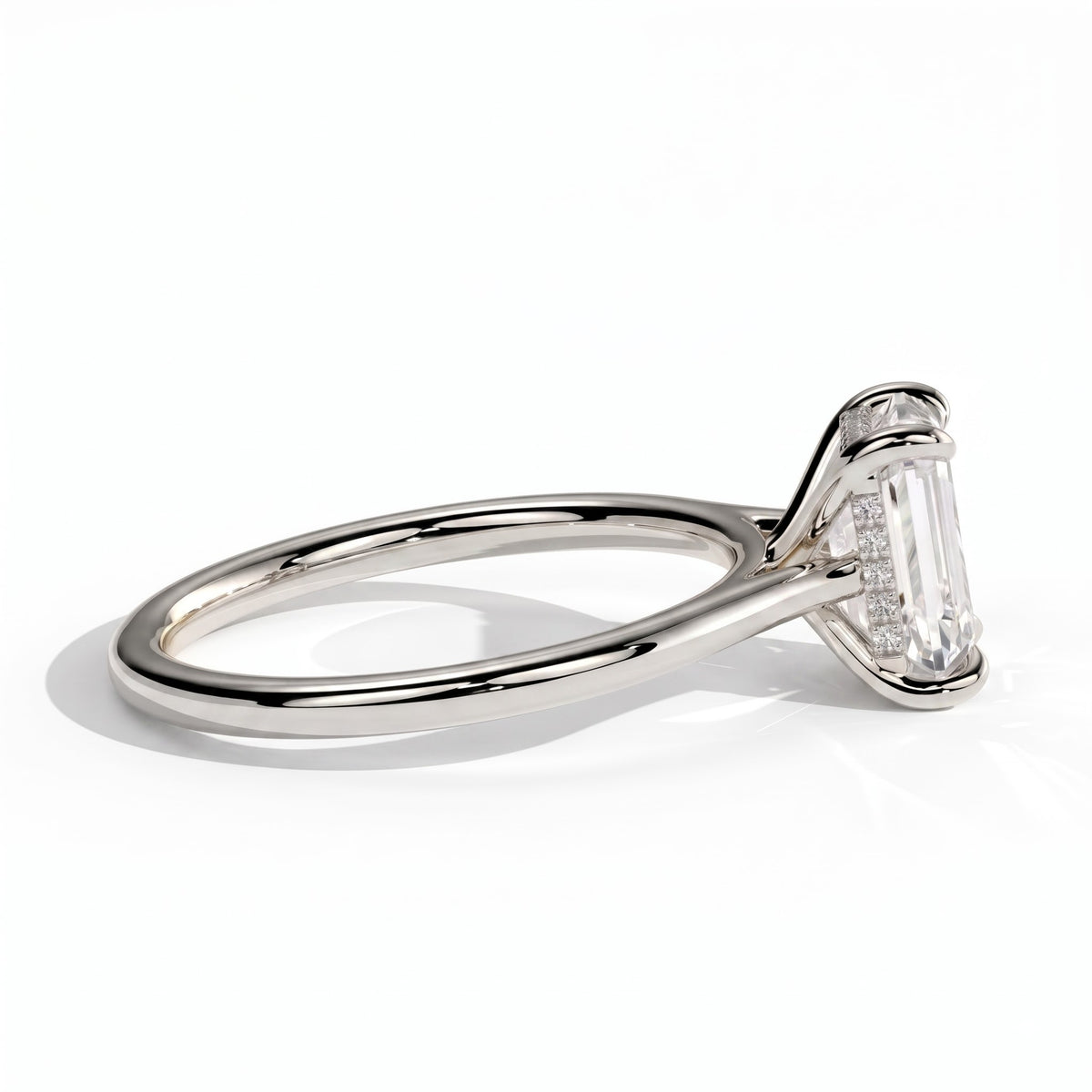 Radiant lab-grown diamond halo engagement ring in 950 platinum, detail view 