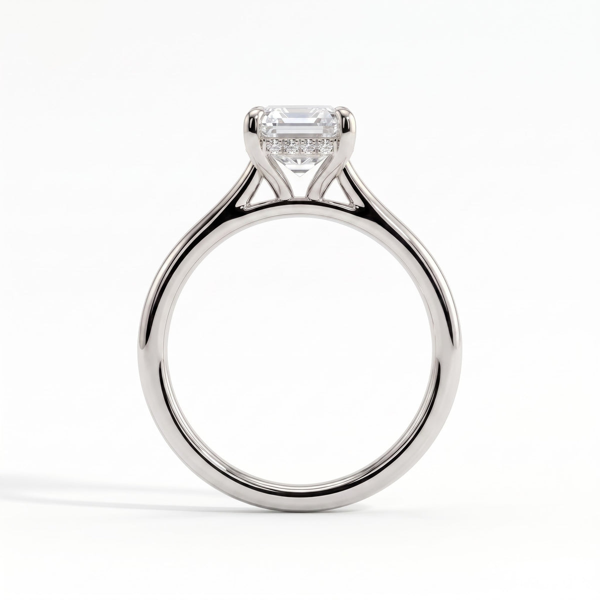 Radiant lab-grown diamond halo engagement ring in 950 platinum, side profile 
