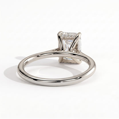 Radiant lab-grown diamond halo engagement ring in 950 platinum, on white background 