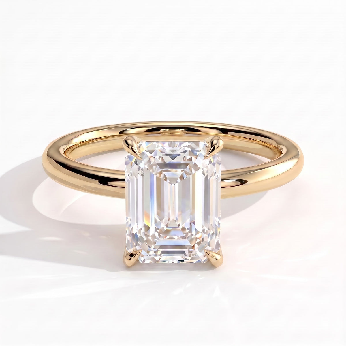 Emerald lab-grown diamond solitaire engagement ring in 14K (585) yellow gold, front view 