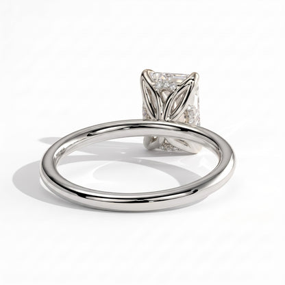 Emerald lab-grown diamond solitaire engagement ring in 14K (585) white gold, on white background 