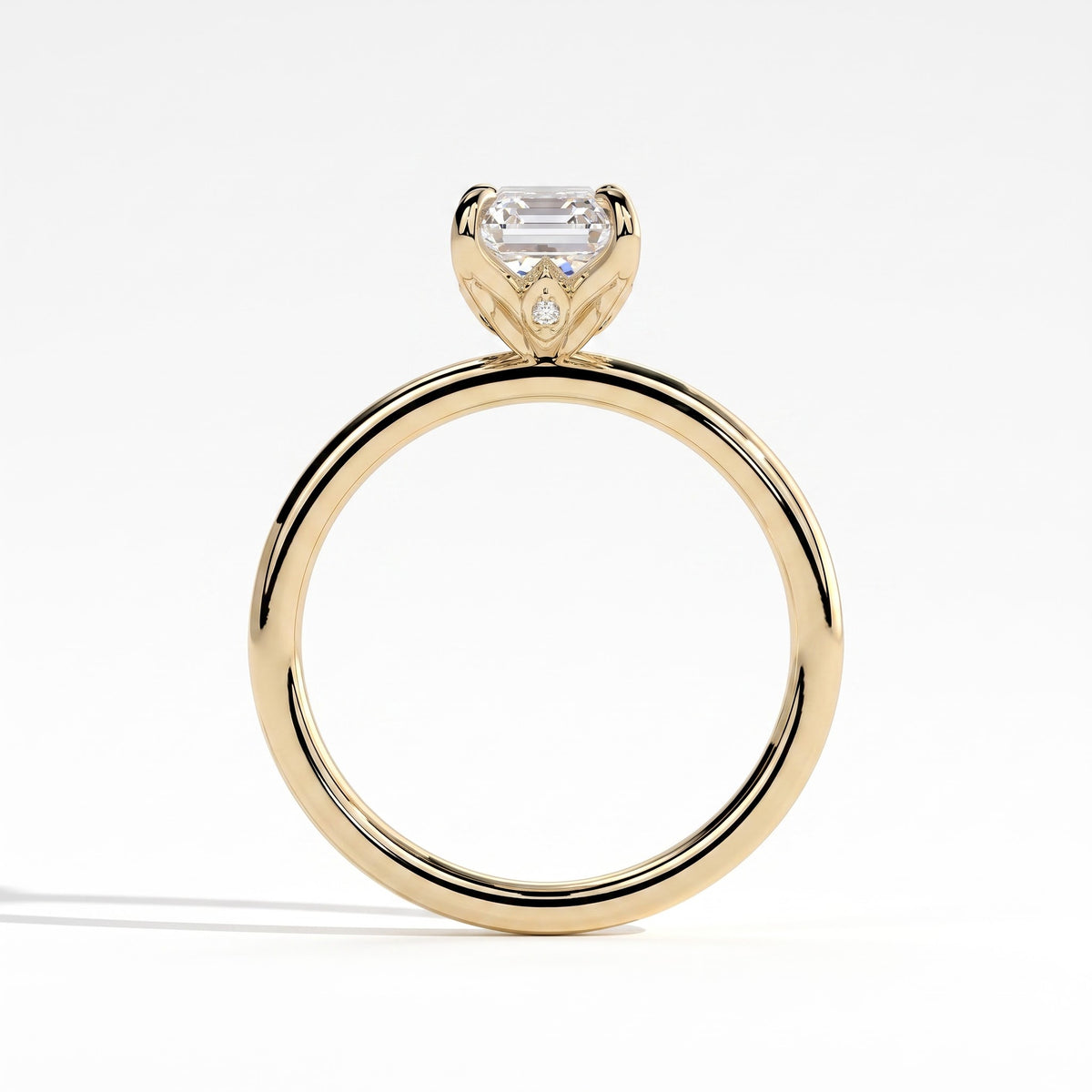 Emerald lab-grown diamond solitaire engagement ring in 18K (750) yellow gold, side profile 