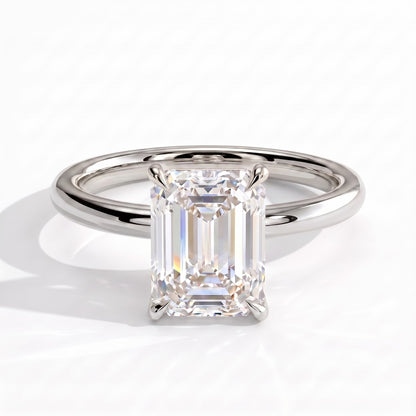 Emerald lab-grown diamond solitaire engagement ring in 18K (750) white gold, front view 