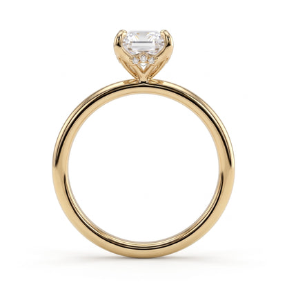 Emerald lab-grown diamond solitaire engagement ring in 18K (750) yellow gold, side profile 