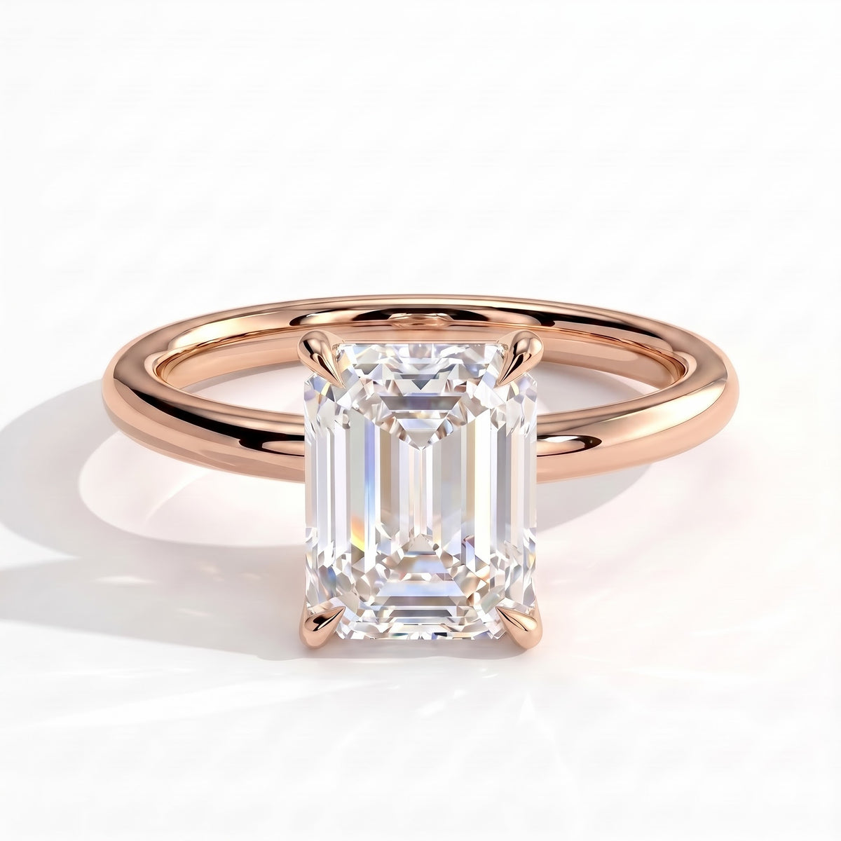 Emerald lab-grown diamond solitaire engagement ring in 18K (750) rose gold, front view 