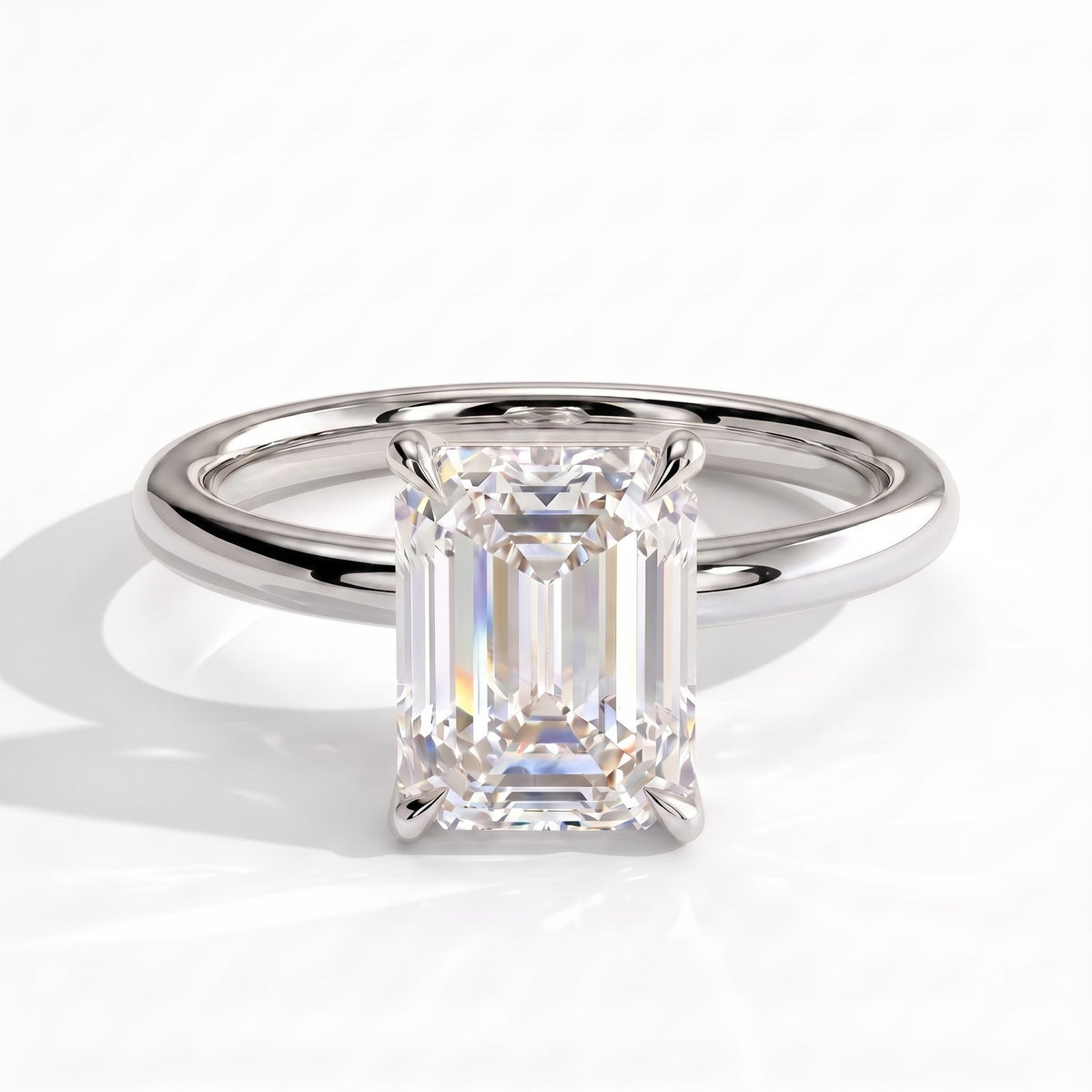 Emerald lab-grown diamond solitaire engagement ring in 14K (585) white gold, front view 